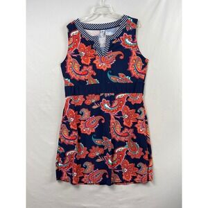 Mazu Swim Dress Womens XL Navy Blue Orange Paisley Striped V-Neck Coverup